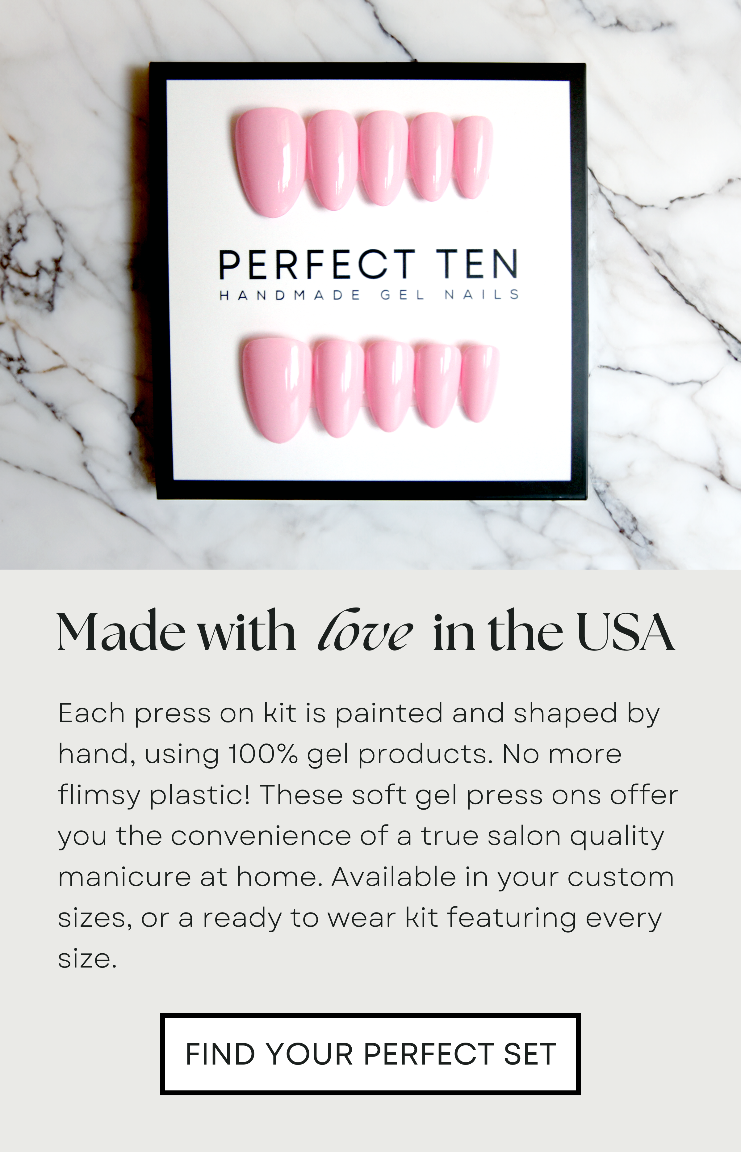 press on nails handmade in the USA, hand painted and sculpted with 100% gel products. A Gel X manicure at home.